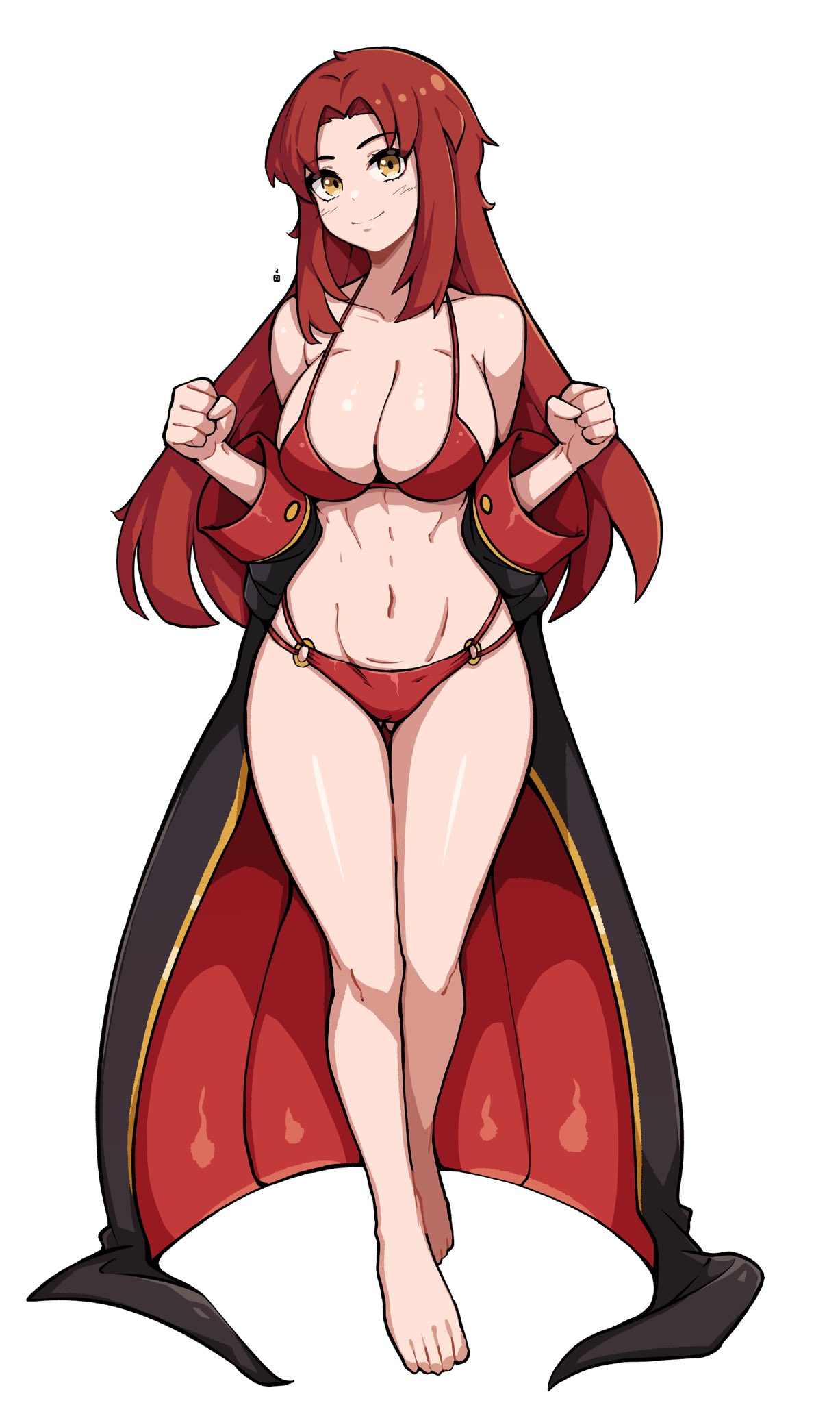 oninuer, original, commentary, commission, english commentary, highres, 1girl, barefoot, bikini, breasts, cleavage, clenched hands, closed mouth, coat, coat partially removed, collarbone, full body, hands up, large breasts, legs, long hair, looking at viewer, red bikini, red coat, red hair, simple background, smile, solo, stomach, swimsuit, toes, white background, yellow eyes