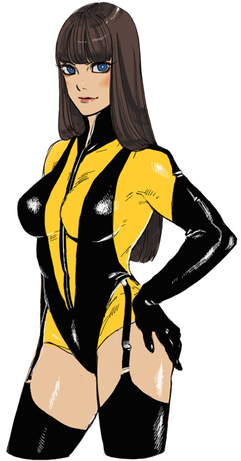 meg ru, picoheads, laurie juspeczyk, silk spectre, dc comics, watchmen, bad id, bad pixiv id, 1girl, animification, black gloves, black hair, black thighhighs, blue eyes, blunt bangs, blush, bodysuit, breasts, brown hair, cowboy shot, elbow gloves, female focus, from side, garter straps, gloves, hand on own hip, hip focus, latex, latex gloves, leotard, light smile, lips, long hair, looking at viewer, shiny clothes, simple background, skin tight, smile, solo, spandex, superhero costume, thighhighs, turtleneck, white background, zettai ryouiki