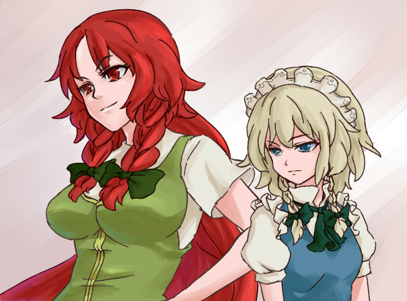 shibasaki shouji, hong meiling, izayoi sakuya, embodiment of scarlet devil, touhou, silver hair, bad id, bad pixiv id, 2girls, blue eyes, braid, female focus, hairband, long hair, maid, multiple girls, red eyes, red hair, ribbon, short hair, twin braids