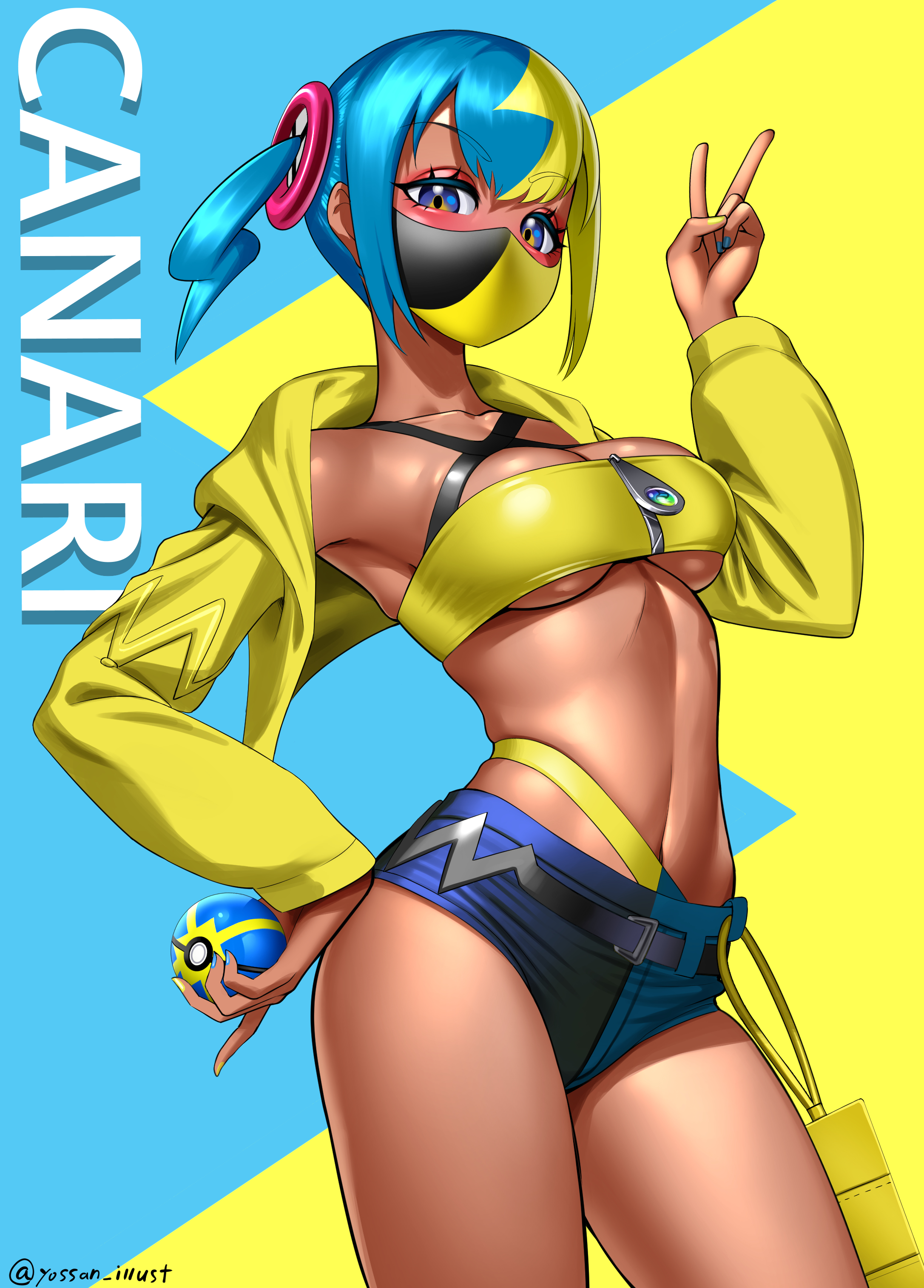 yossan illust, canari (pokemon), nintendo, pokemon, pokemon legends: z-a, absurdres, commentary request, highres, revision, 1girl, aqua background, aqua hair, armpits, black mask, blonde hair, blue eyes, blush, breasts, center-flap bangs, cleavage, collarbone, criss-cross halter, crop top, cropped jacket, dark-skinned female, dark skin, english text, fake hair bun, halterneck, holding, holding poke ball, jacket, large breasts, mask, mega ring, mega stone, midriff, mouth mask, multicolored hair, navel, poke ball, quick ball, short twintails, shorts, sidelocks, solo, split-color hair, sports bra, stomach, twintails, two-tone background, two-tone hair, two-tone mask, underboob, v, yellow background, yellow jacket, yellow mask, yellow sports bra, zipper