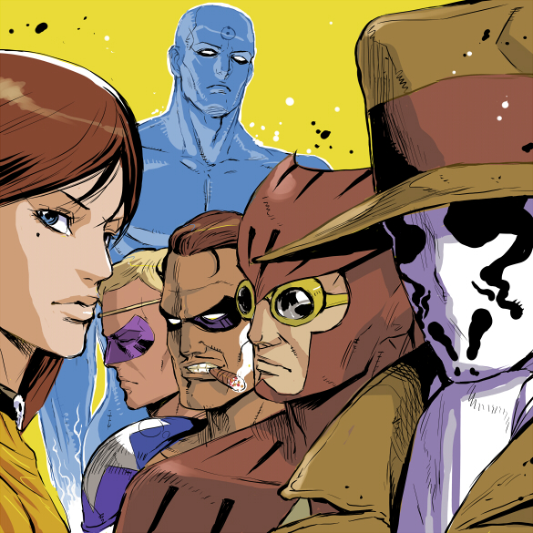 mahito (tranjistor), dr. manhattan, nite owl, ozymandias, rorschach, silk spectre, the comedian, dc comics, watchmen, 1980s (style), 1girl, 5boys, blue eyes, blue skin, brown eyes, brown hair, cigar, colored skin, domino mask, eye mask, fedora, fedora hat, goggles, hat, inkblot, lips, mask, mole, mole under eye, multiple boys, oldschool, retro artstyle