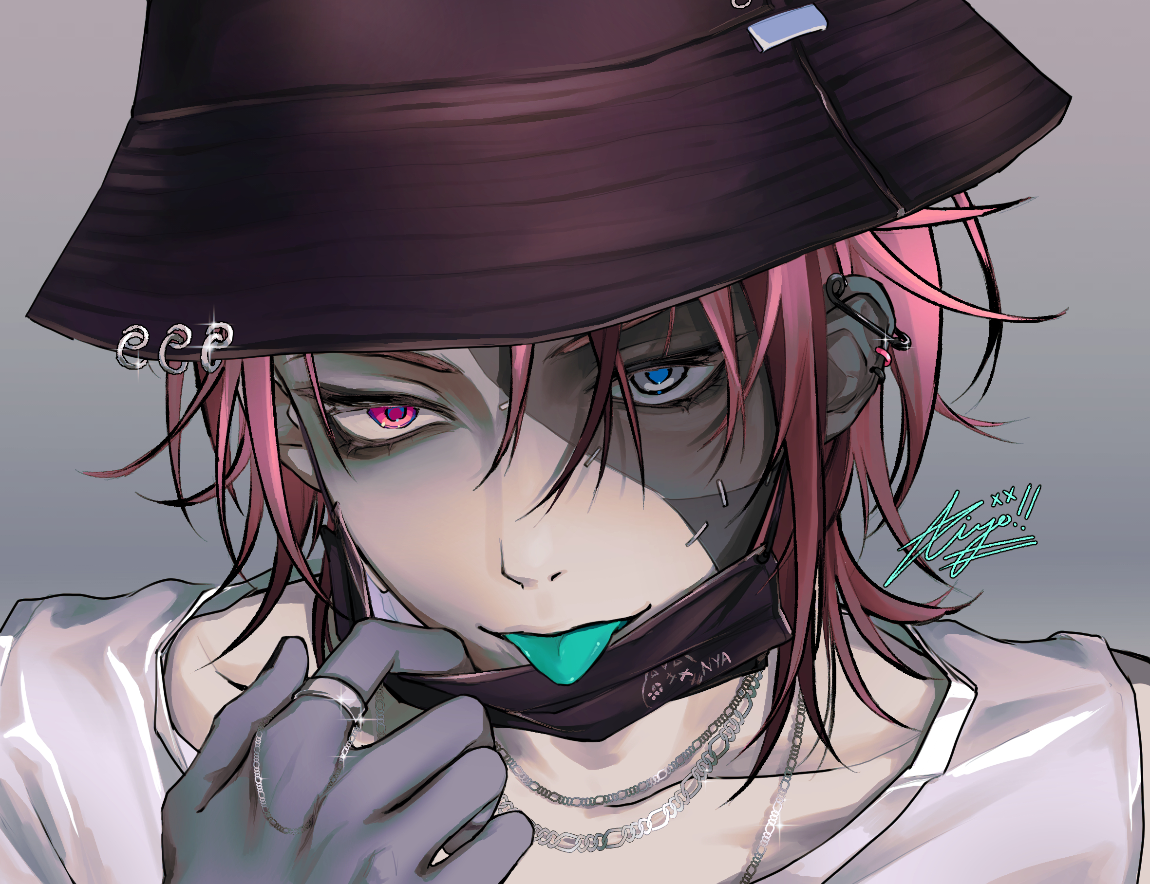first stage production, highres, bucket hat, chain, colored skin, earrings, grey skin, hat, jewelry, kiyosthetics, multicolored eyes, pink hair, ring, rosco graves, shirt, tongue, tongue out, two-tone eyes, white shirt, zombie