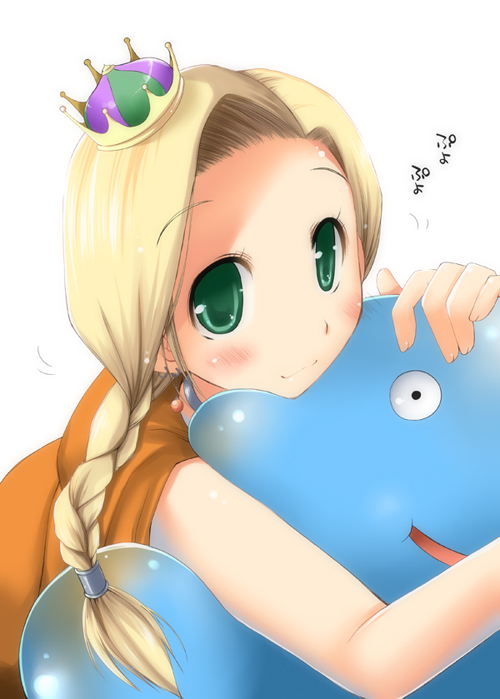 theta (ponkotsu works), bianca (dq5), king slime (dragon quest), dragon quest, dragon quest v, slime, blonde hair, blush, braid, cape, crown, green eyes, long hair, single braid, smile, solo