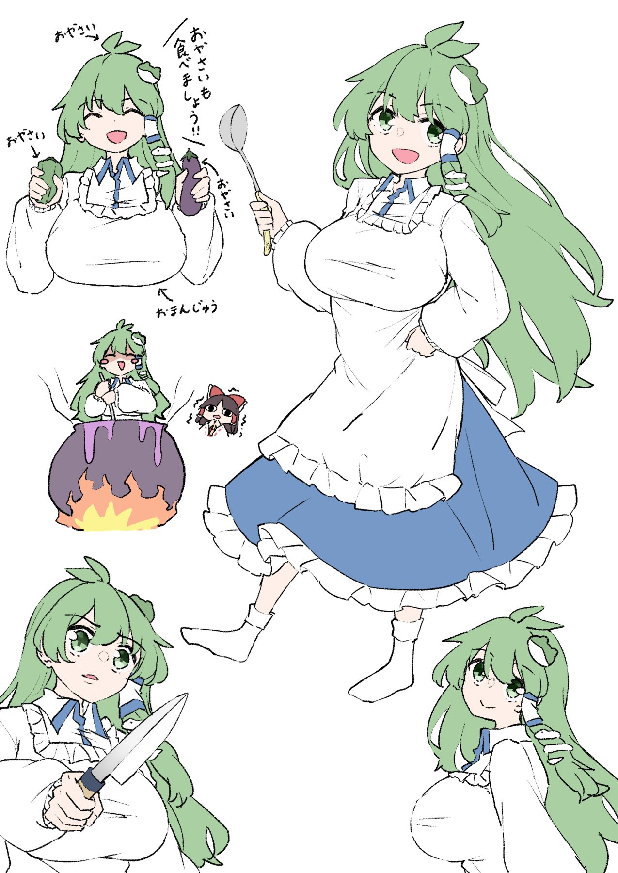 deetamu, hakurei reimu, kochiya sanae, touhou, commentary request, highres, translation request, 2girls, :d, antenna hair, apron, bell pepper, blue skirt, bow, breasts, brown hair, cauldron, collared shirt, cooking, eggplant, fire, frilled apron, frilled bow, frilled hair tubes, frilled skirt, frills, frog hair ornament, green eyes, green hair, hair ornament, hair tubes, holding, holding knife, holding ladle, huge breasts, knife, ladle, long hair, long sleeves, looking at viewer, multiple girls, open mouth, red bow, shirt, simple background, single hair tube, single sidelock, skirt, skirt set, smile, snake hair ornament, socks, trembling, white apron, white background, white socks, wide sleeves, wing collar