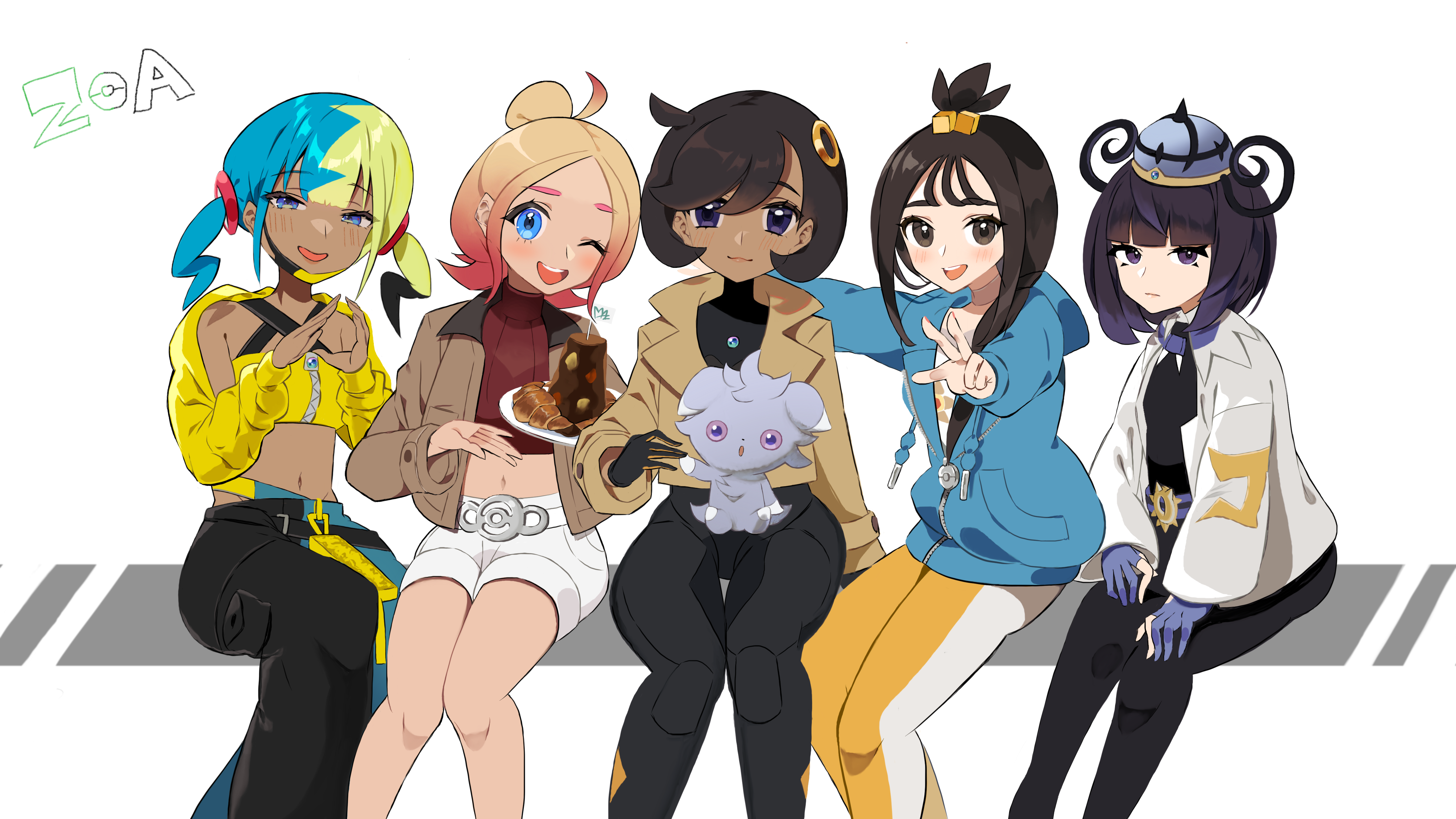 ao hito, canari (pokemon), emma (pokemon), espurr, gwynn (pokemon), lida (pokemon), taunie (pokemon), nintendo, pokemon, pokemon legends: z-a, absurdres, commentary request, highres, 5girls, :3, :d, ;d, aged up, aqua hair, aqua pants, bandeau, bare shoulders, belt, black bodysuit, black dress, black gloves, black hair, black mask, black pants, blonde hair, blue eyes, blue gloves, blue hoodie, blunt bangs, bob cut, bodysuit, bodysuit under clothes, breasts, brown jacket, center-flap bangs, closed mouth, coat, cowlick, criss-cross straps, croissant, crop top, cropped shirt, cube hair ornament, dark-skinned female, dark skin, dress, food, gen 6 pokemon, gloves, gradient hair, grey eyes, hair between eyes, hair bun, hair ornament, hat, holding, holding plate, hood, hood down, hoodie, jacket, latex, latex bodysuit, leggings, long hair, long sleeves, looking at viewer, mask, mask pull, mega stone, midriff, mouth mask, multicolored hair, multiple girls, navel, one eye closed, open clothes, open coat, open jacket, open mouth, orange gloves, orange leggings, pants, parted bangs, partially fingerless gloves, pink hair, plate, pokemon (creature), purple eyes, purple hair, red shirt, ribbed shirt, shirt, short hair, short shorts, short twintails, shorts, sidelocks, sitting, small breasts, smile, split-color hair, swept bangs, teeth, topknot, turtleneck, turtleneck shirt, twintails, two-tone gloves, two-tone hair, two-tone legwear, two-tone mask, two-tone pants, upper teeth only, v, white belt, white coat, white leggings, white shorts, wispy bangs, yellow bandeau, yellow jacket, yellow mask