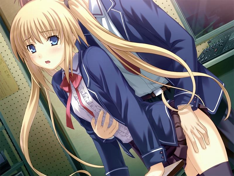 nekonyan, ayase natsuki, sakaagari hurricane, game cg, 1boy, 1girl, bent over, blonde hair, blue eyes, blush, clothed sex, clothes lift, doggystyle, flat chest, frills, hetero, hug, long hair, necktie, open mouth, recording studio, school uniform, sex, sex from behind, skirt, skirt lift, solo focus, thighhighs, twintails, vaginal