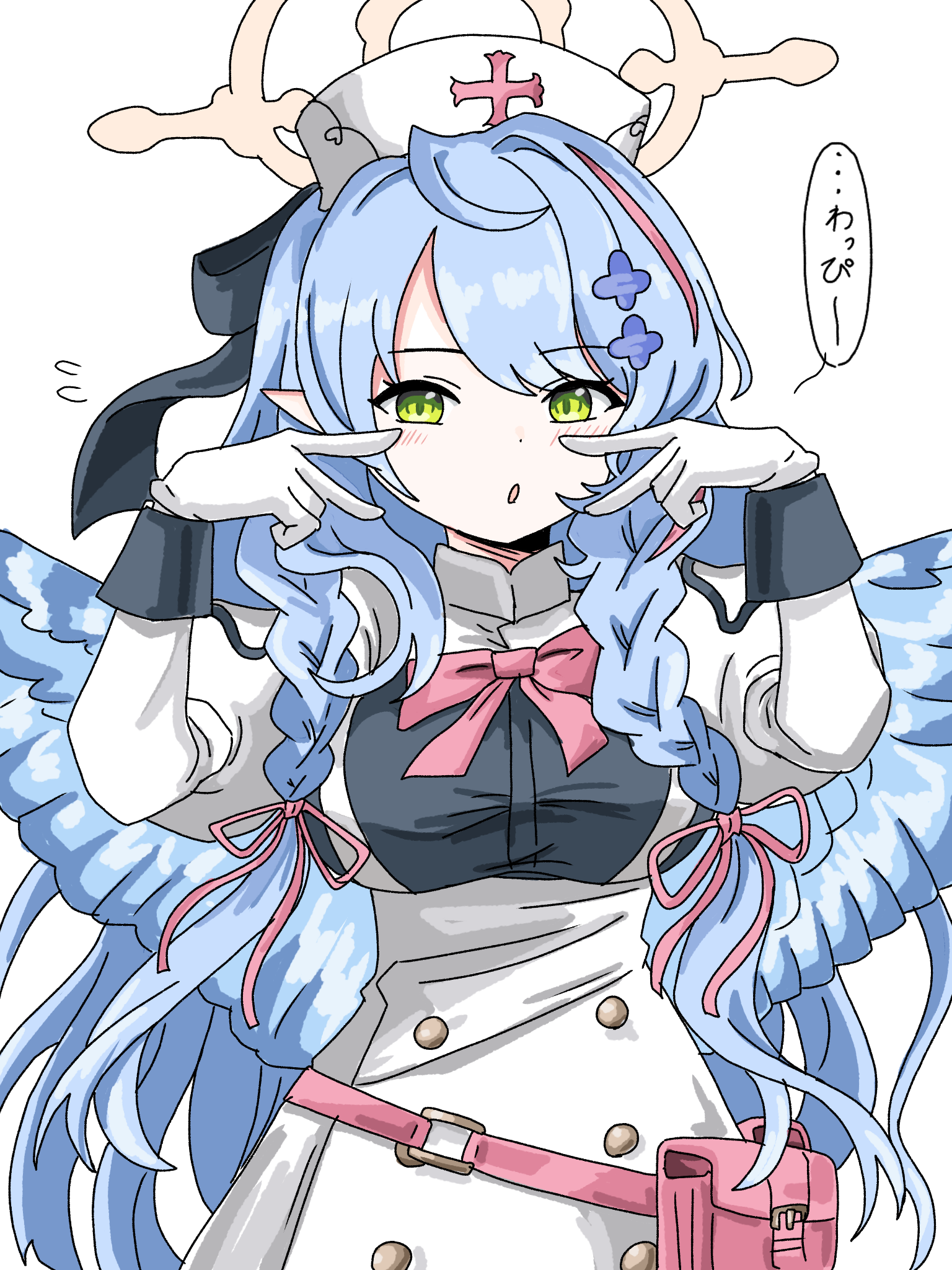 tachikaze miyako, mine (blue archive), blue archive, commentary, highres, translated, 1girl, :o, blue hair, blue wings, blush, bow, bowtie, braid, breasts, buttons, cowboy shot, double-breasted, double v, dress, feathered wings, flying sweatdrops, gloves, green eyes, halo, hat, large breasts, long hair, long sleeves, looking at viewer, low wings, neck ribbon, nurse cap, open mouth, pink bow, pink bowtie, pink ribbon, pink streaks, ribbon, solo, speech bubble, swept bangs, twin braids, v, very long hair, white dress, white gloves, wings, yellow halo