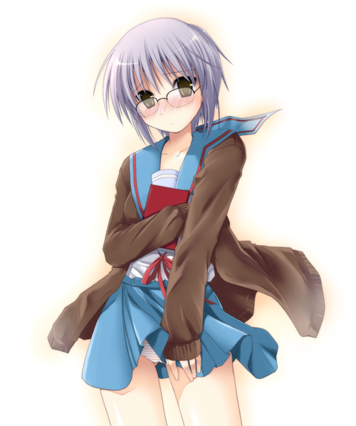 theta (ponkotsu works), nagato yuki, suzumiya haruhi no yuuutsu, silver hair, 00s, 1girl, blush, book, brown eyes, cardigan, embarrassed, female focus, glasses, miniskirt, panties, pantyshot, ribbon, school uniform, serafuku, short hair, skirt, solo, standing, striped clothes, striped panties, underwear, wind, wind lift