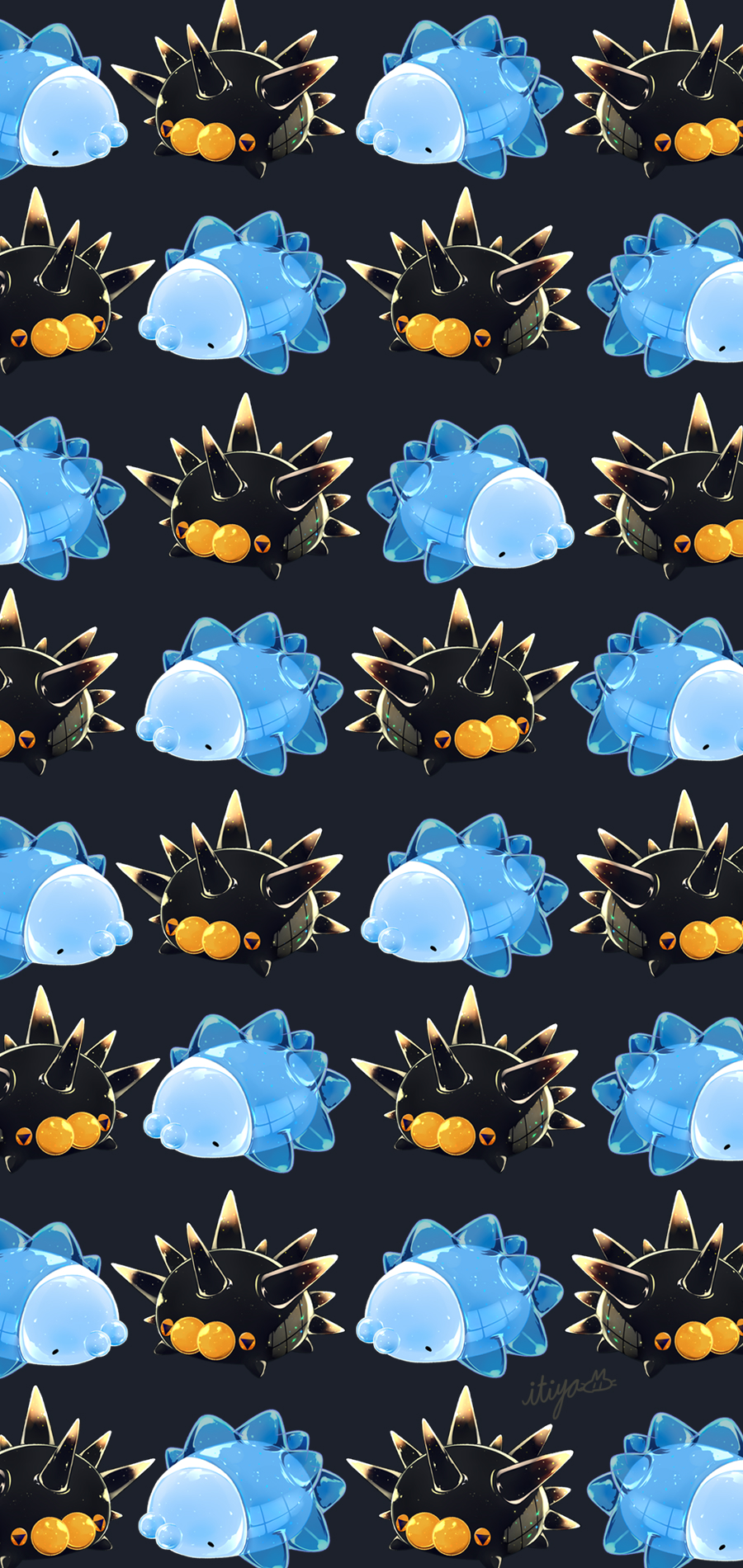 itiya1412, pincurchin, snom, nintendo, pokemon, commentary request, highres, animal focus, black background, full body, gen 8 pokemon, no humans, pokemon (creature), pokemon focus, signature, simple background, spikes, symbol-shaped pupils, triangle-shaped pupils, yellow eyes