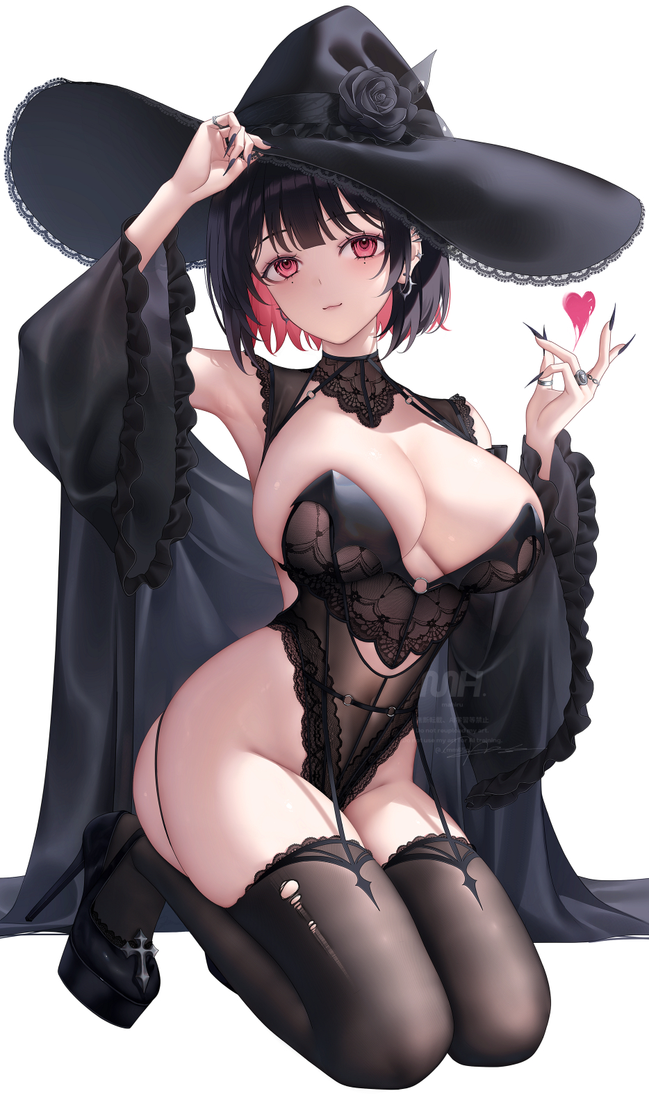 mhru, original, commentary, highres, paid reward available, 1girl, :3, arm up, bare shoulders, black flower, black hair, black nails, black rose, black shoes, black thighhighs, breasts, cleavage, closed mouth, colored inner hair, ear piercing, earrings, flower, groin, hand on own hat, hand up, hat, hat flower, heart, high heels, highleg, highleg leotard, jewelry, kneeling, lace leotard, large breasts, leotard, looking at viewer, mole, mole under each eye, mole under eye, multicolored hair, multiple moles, nail polish, piercing, pink eyes, pink hair, rose, serina (mhru), shoes, short hair, simple background, smile, solo, strapless, strapless leotard, thighhighs, thighs, very long fingernails, white background, witch, witch hat