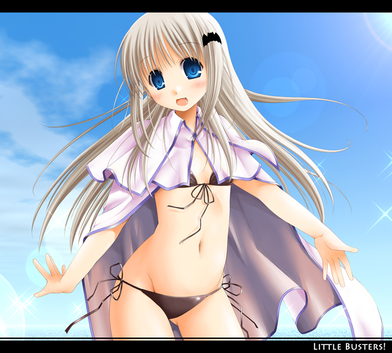 theta (ponkotsu works), noumi kudryavka, little busters!, silver hair, bikini, black bikini, blonde hair, blue eyes, blush, cape, day, fang, flat chest, front-tie top, hair ornament, lens flare, letterboxed, long hair, navel, side-tie bikini bottom, sky, solo, standing, swimsuit