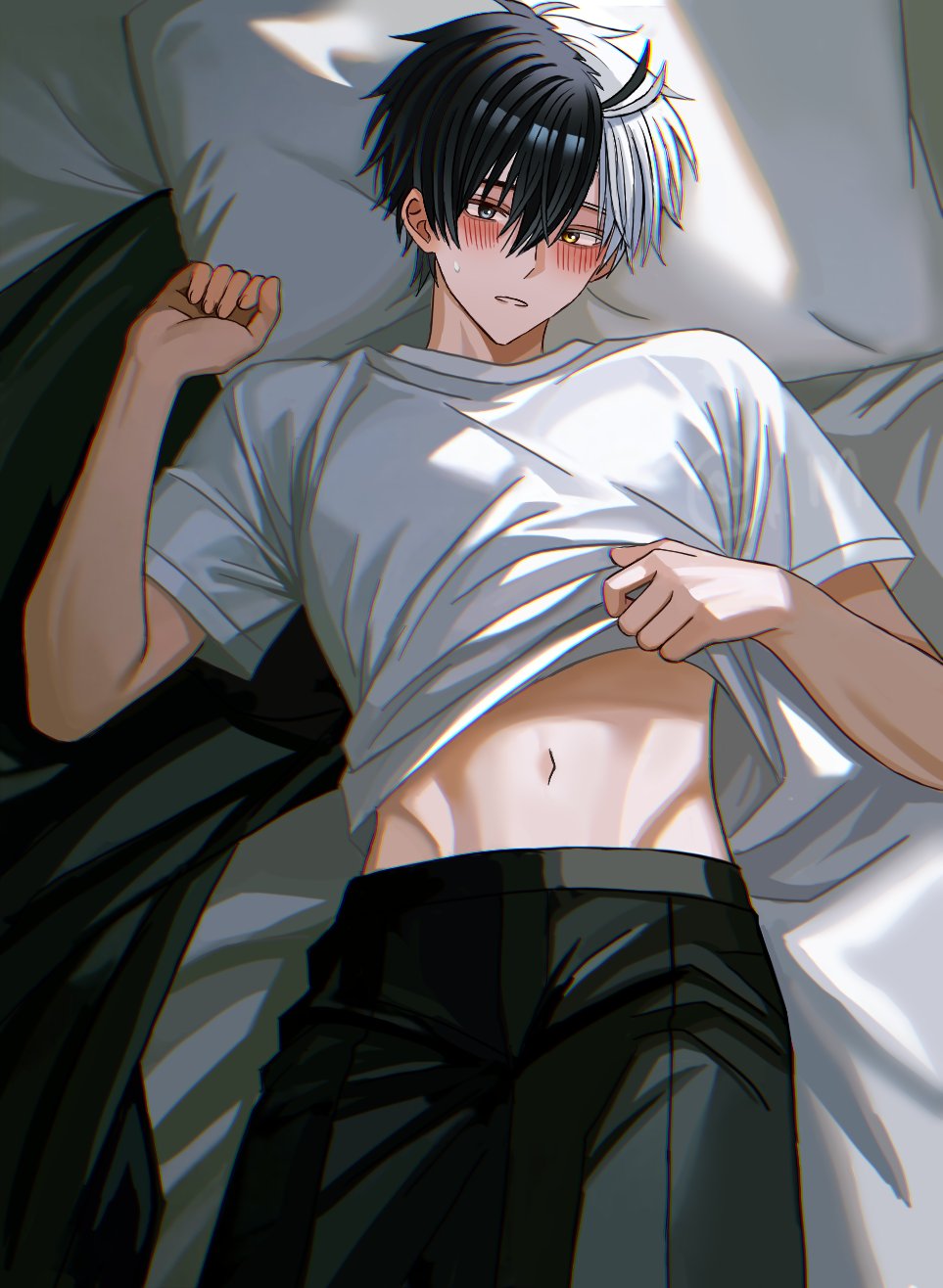hyohls2 (hamao3o), sakura haruka (wind breaker), wind breaker (nii satoru), highres, 1boy, black hair, black pants, black shorts, blanket, blush, clothes lift, grey eyes, grey hair, heterochromia, lying, male focus, midriff, multicolored hair, navel, open clothes, open shirt, pants, pillow, shirt, shirt lift, short hair, shorts, solo, split-color hair, stomach, t-shirt, two-tone hair, white shirt, yellow eyes