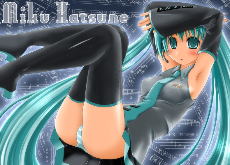 theta (ponkotsu works), hatsune miku, vocaloid, 1girl, armpits, arms up, ass, black thighhighs, blouse, blush, detached sleeves, female focus, green eyes, green hair, green panties, legs up, long hair, lying, matching hair/eyes, microphone, necktie, on back, panties, pantyshot, shirt, sleeveless, solo, striped clothes, striped panties, thighhighs, twintails, underwear, very long hair