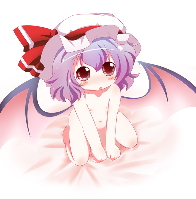 muuba, remilia scarlet, touhou, painttool sai (medium), 1girl, bat wings, blue hair, fang, female focus, flat chest, hat, loli, nipples, nude, short hair, sitting, solo, vampire, wings