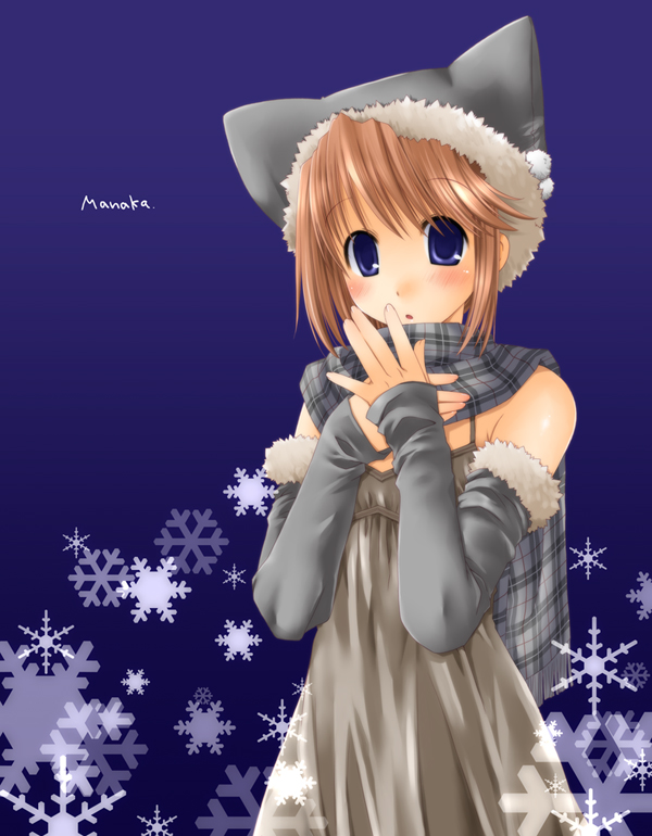 theta (ponkotsu works), komaki manaka, to heart (series), to heart 2, 00s, animal ears, blue eyes, blush, brown hair, cat ears, cold, detached sleeves, dress, grey dress, hat, plaid clothes, plaid scarf, scarf, solo