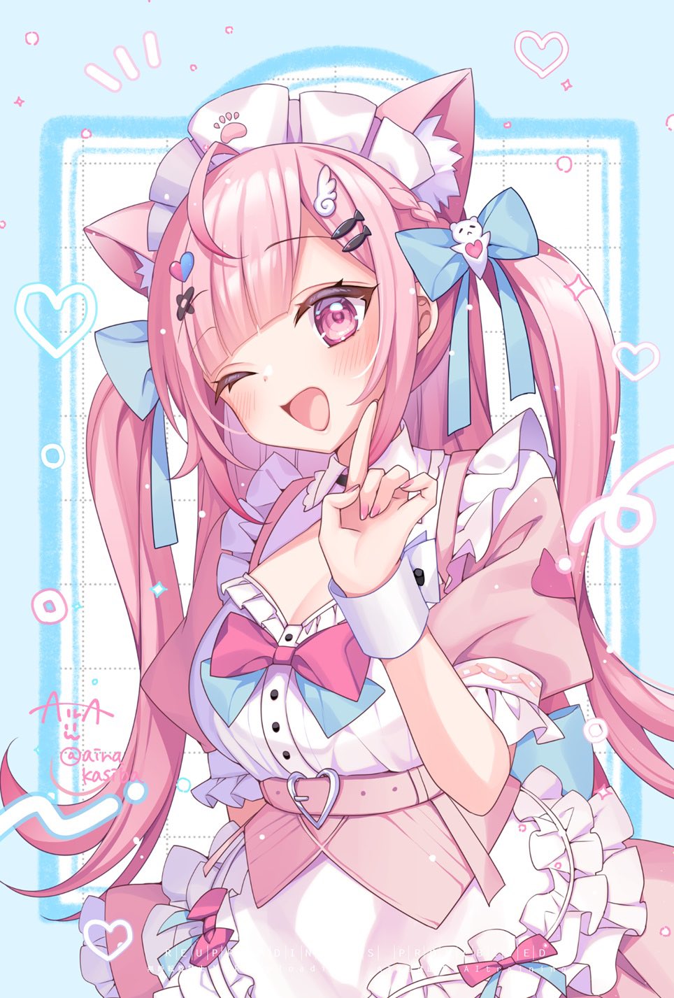 kashiba aira, yuuki sakuna, yuuki sakuna (1st costume), indie virtual youtuber, highres, 1girl, ahoge, animal ears, animal print, bandaid, bandaid hair ornament, belt, black choker, blue background, blue bow, blush, bow, breasts, cat ears, cat girl, cat print, choker, cleavage, cleavage cutout, clothing cutout, crossed bandaids, dress, fingernails, fish hair ornament, ghost hair ornament, hair bow, hair ornament, hairclip, heart, heart hair ornament, index finger raised, large breasts, long hair, looking at viewer, maid, maid headdress, nail polish, one eye closed, open mouth, paw print, pink belt, pink dress, pink eyes, pink hair, pink nails, short sleeves, singapore, smile, solo, two side up, virtual youtuber, white wrist cuffs, wing hair ornament, wrist cuffs