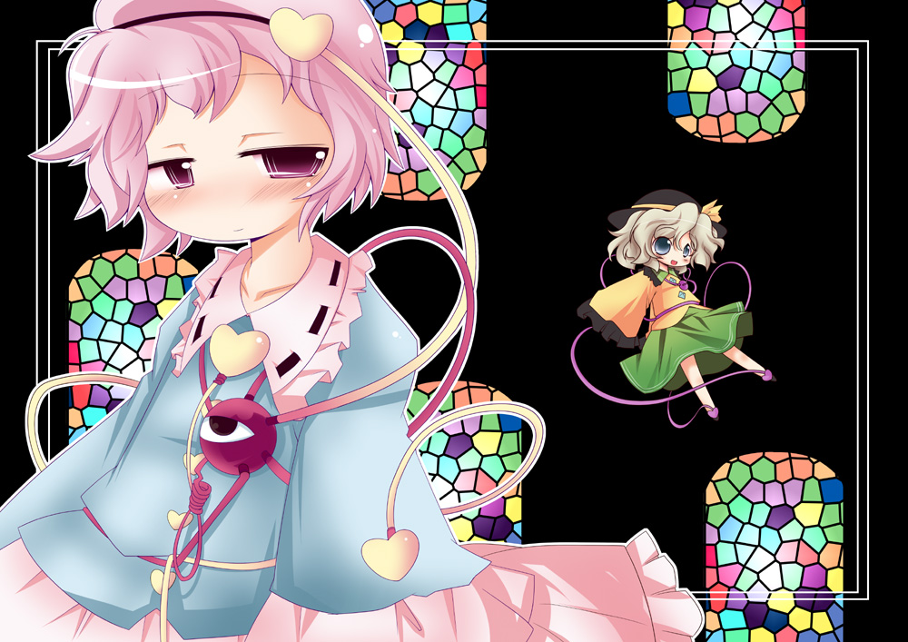 muuba, komeiji koishi, komeiji satori, touhou, 2girls, female focus, multiple girls, pink hair, short hair, siblings, sisters