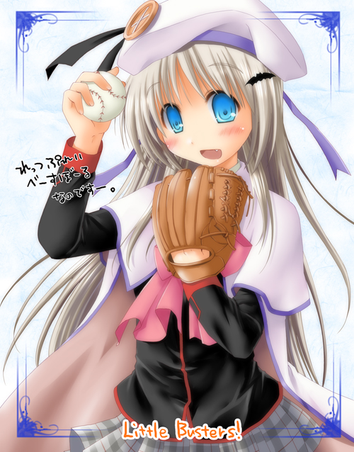 theta (ponkotsu works), noumi kudryavka, little busters!, 1girl, baseball, baseball glove, beret, blonde hair, blouse, blue eyes, blush, cape, fang, female focus, hat, large buttons, plaid clothes, plaid skirt, shirt, skirt, solo