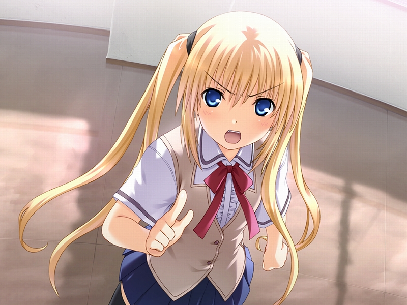 nekonyan, ayase natsuki, sakaagari hurricane, angry, blonde hair, blue eyes, blush, frills, long hair, looking up, necktie, open mouth, pointing, school uniform, thighhighs, twintails