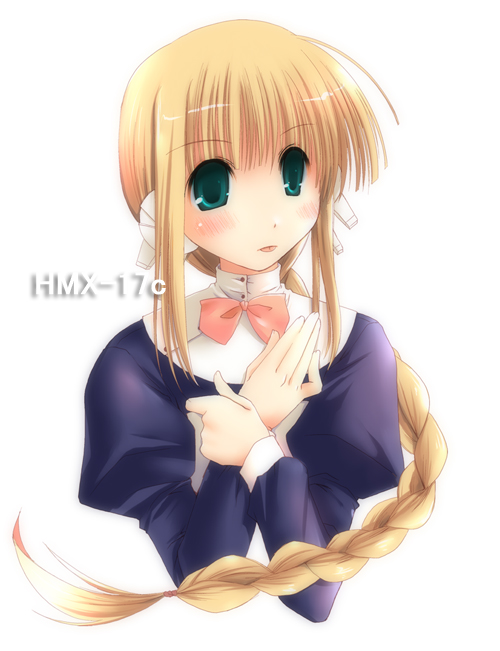 theta (ponkotsu works), silfa (to heart), to heart (series), to heart 2, 00s, :p, blonde hair, blouse, blush, bow, bowtie, braid, green eyes, long hair, robot ears, shirt, single braid, solo, tongue, tongue out, very long hair