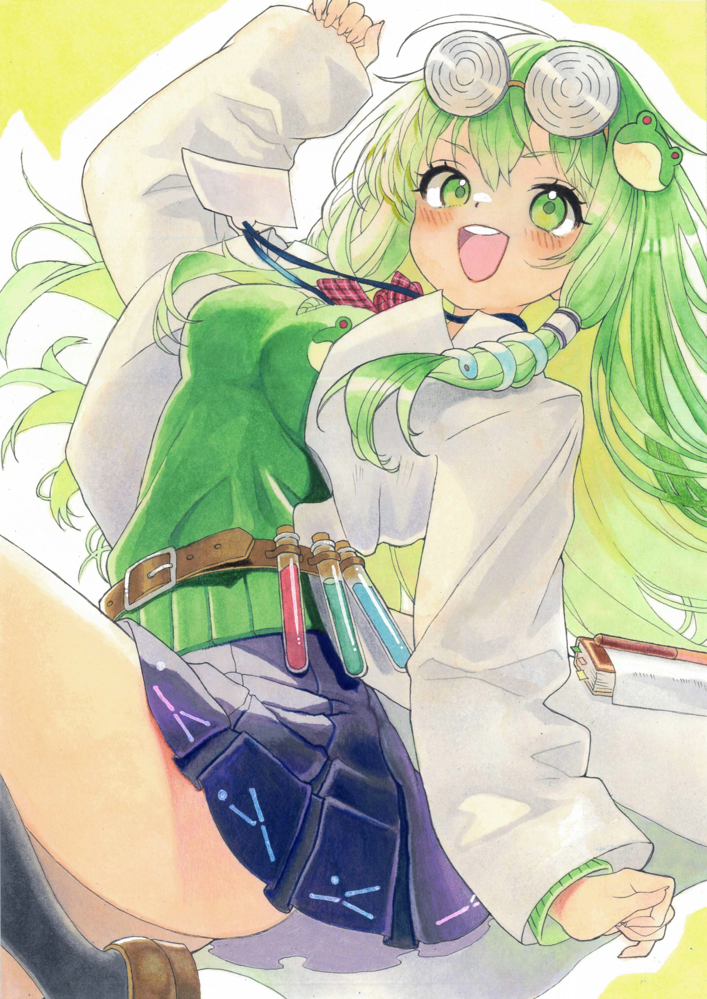kochiya sanae, kochiya sanae (naive science club student), touhou, touhou lostword, colored pencil (medium), highres, traditional media, 1girl, :d, alternate costume, ass peek, belt, blue skirt, blush, book, bow, breasts, brown belt, brown shoes, coke-bottle glasses, collared shirt, dot nose, eyewear on head, frog hair ornament, glasses, green eyes, green hair, green sweater, green sweater vest, hair ornament, hair tubes, happy, id card, lab coat, long hair, long sleeves, looking at viewer, medium breasts, miniskirt, mochi analog, open mouth, patterned clothing, pen, print skirt, red bow, shirt, shoes, single hair tube, single sidelock, sitting, skirt, smile, snake hair ornament, solo, sweater, sweater vest, teeth, upper teeth only, vial, wide sleeves, yellow background