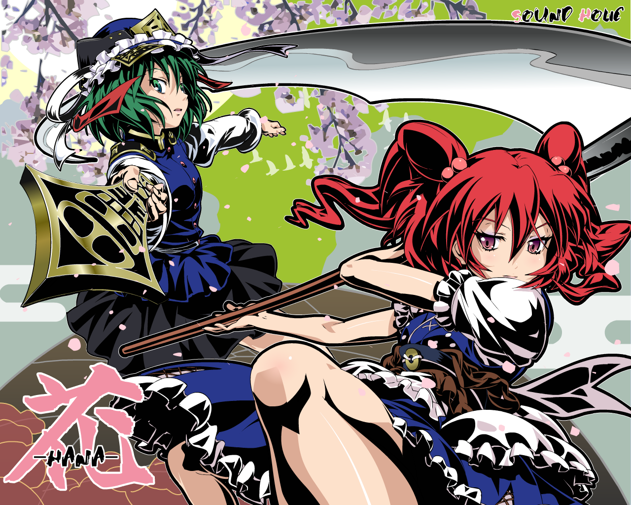 tsukimido, onozuka komachi, shiki eiki, touhou, 2girls, cherry blossoms, female focus, green eyes, green hair, hair bobbles, hair ornament, hat, high contrast, multiple girls, outstretched arm, red eyes, red hair, rod of remorse, scythe, short hair, twintails, two side up