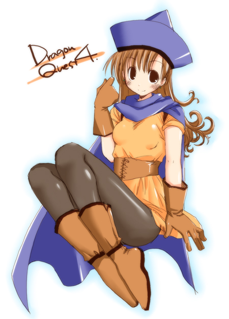 theta (ponkotsu works), alena (dq4), chunsoft, dragon quest, dragon quest iv, enix, 1girl, blush, boots, brown eyes, brown hair, cape, copyright name, dress, female focus, gloves, hat, long hair, pantyhose, sitting, skirt, solo, yellow skirt