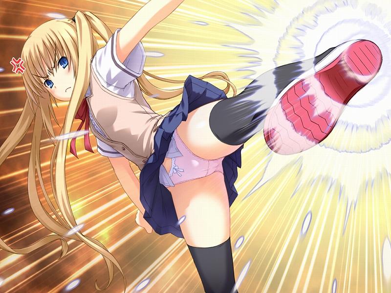 nekonyan, ayase natsuki, sakaagari hurricane, 1girl, angry, blonde hair, blue eyes, cameltoe, clothes lift, female focus, high kick, kicking, lace, lace-trimmed panties, lace trim, leg lift, long hair, panties, pink panties, school uniform, skirt, skirt lift, solo, thighhighs, twintails, underwear, upskirt