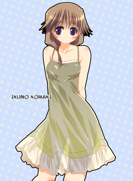 theta (ponkotsu works), komaki ikuno, to heart (series), to heart 2, 00s, :<, arms behind back, blue eyes, blush, brown hair, dress, green dress, long hair, solo, standing