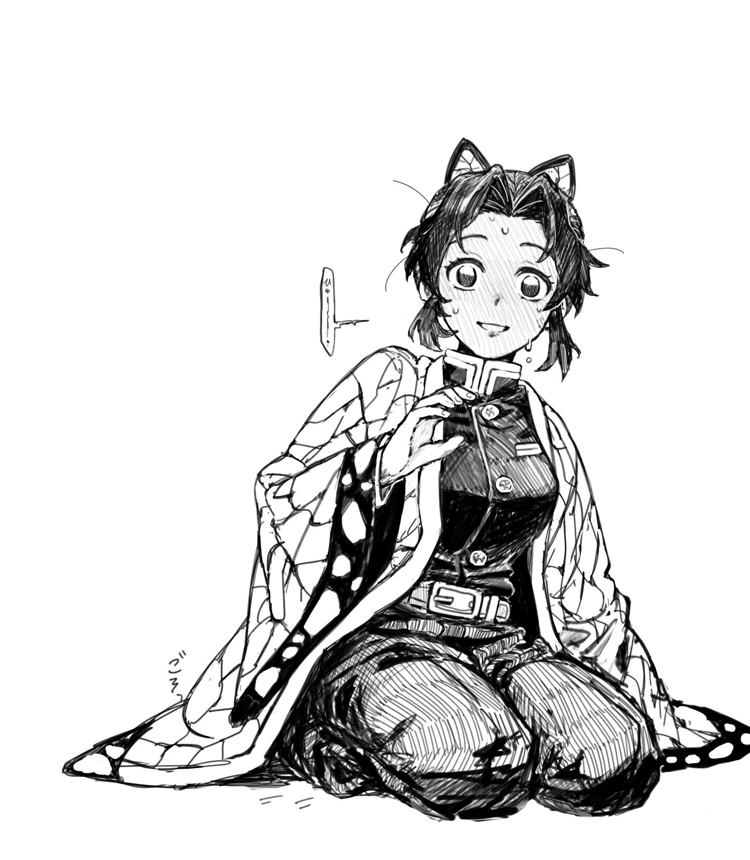kochou shinobu, kimetsu no yaiba, highres, …, 1girl, belt, bububu432117785, butterfly hair ornament, buttons, demon slayer uniform, full body, greyscale, grin, hair ornament, hand up, looking at viewer, monochrome, pants, sitting, smile, solo, speech bubble, spoken ellipsis, sweat, teeth