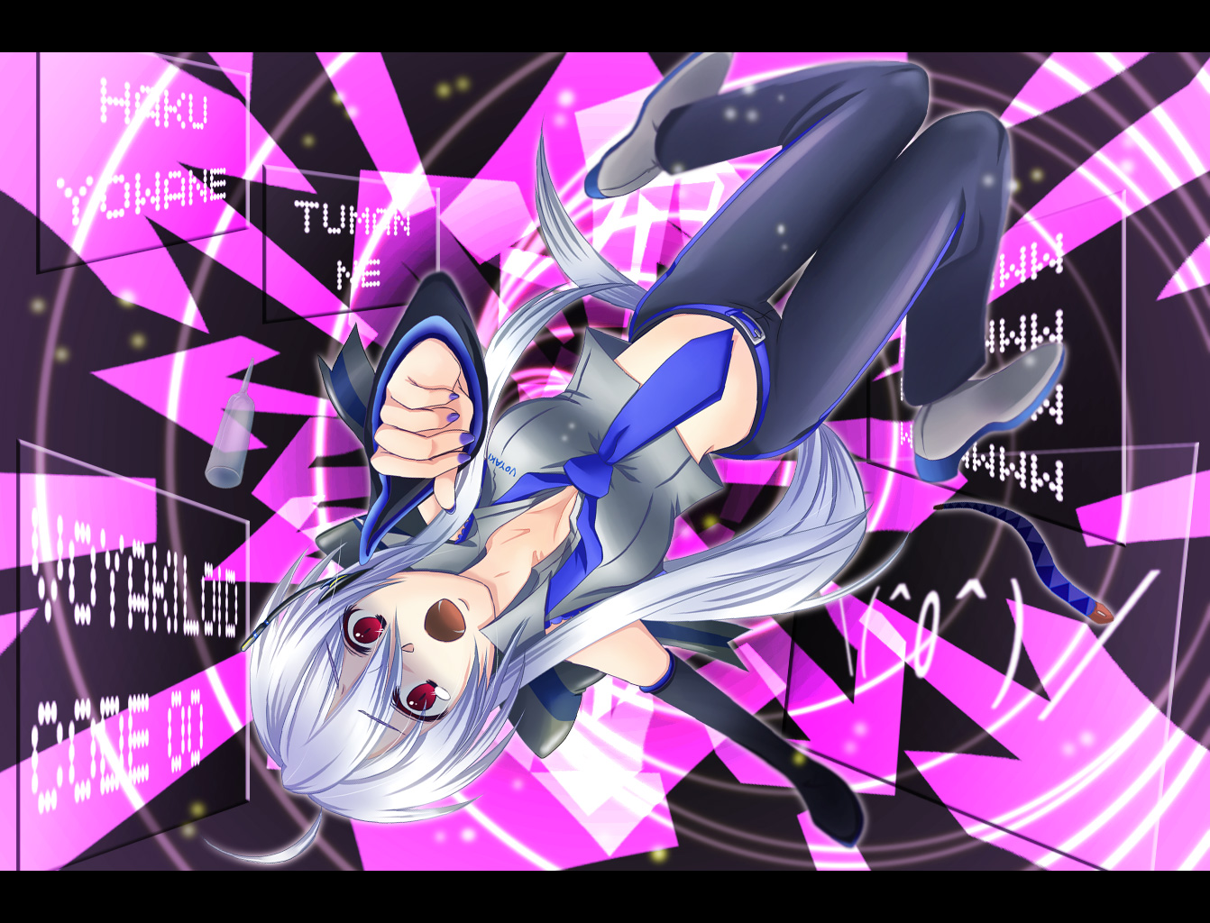 agi (kankarado), yowane haku, vocaloid, silver hair, (^o^)/, 1girl, :o, ahoge, arrow (symbol), blouse, constricted pupils, detached sleeves, female focus, floating, grey shirt, letterboxed, long hair, midriff, nail polish, necktie, open collar, open mouth, ponytail, purple nails, red eyes, ribbon, shirt, shoes, sidelocks, solo, text background, text focus, turn pale, upside-down, very long hair