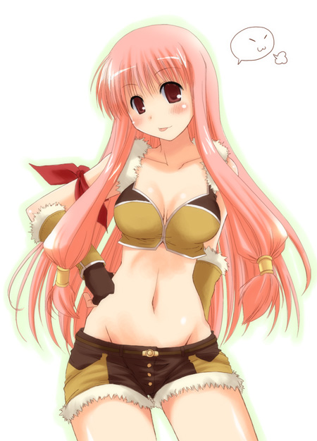 theta (ponkotsu works), sniper (ragnarok online), ragnarok online, sniper, 1girl, :p, armband, blush, bra, female focus, gauntlets, gloves, groin, hand on own hip, hip focus, lingerie, long hair, navel, pink hair, red eyes, shorts, solo, standing, tongue, tongue out, underwear, very long hair