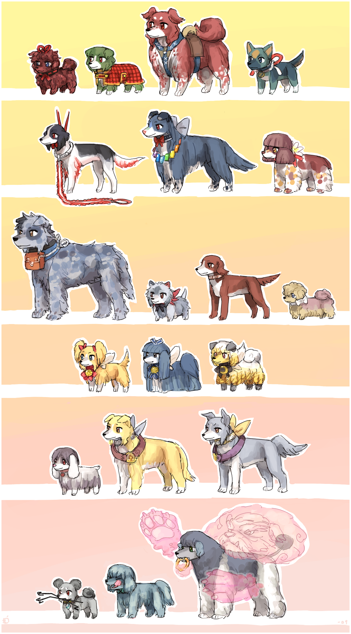 emlan, hieda no akyuu, hinanawi tenshi, kazami yuuka, kumoi ichirin, luna child, maribel hearn, medicine melancholy, morichika rinnosuke, nagae iku, nazrin, onozuka komachi, reisen, shiki eiki, star sapphire, sunny milk, tatara kogasa, tokiko (touhou), unzan, usami renko, watatsuki no toyohime, watatsuki no yorihime, touhou, plaid, annotated, commentary, highres, 1boy, 6+girls, animalization, bandages, bow, collar, curly hair, dog, dowsing rod, dual persona, everyone, floppy ears, fluffy, harness, leash, licking lips, lineup, mouth hold, multiple dogs, multiple girls, no humans, tongue, tongue out