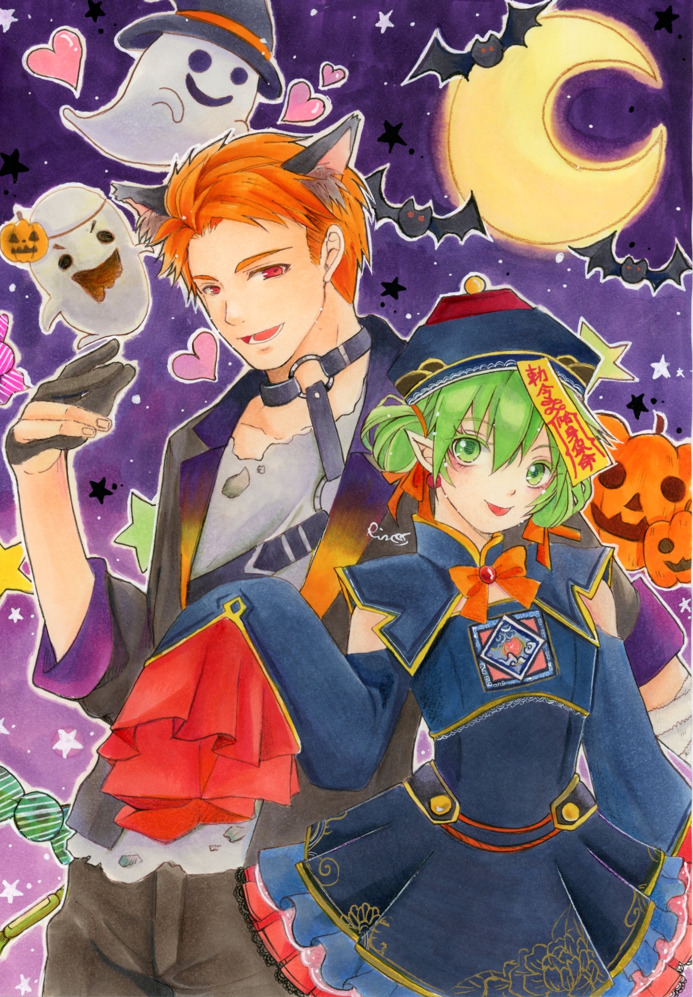 1boy, 1girl, ghost, green hair, halloween, jack-o'-lantern, moon, orange hair