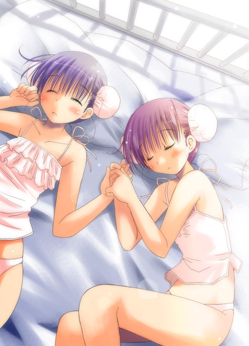 theta (ponkotsu works), himeyuri ruri, himeyuri sango, to heart (series), to heart 2, 00s, 2girls, bed, blue hair, blush, bun cover, camisole, closed eyes, double bun, hair bun, lying, multiple girls, on back, on side, panties, pink panties, purple hair, siblings, sisters, sleeping, twins, underwear, underwear only