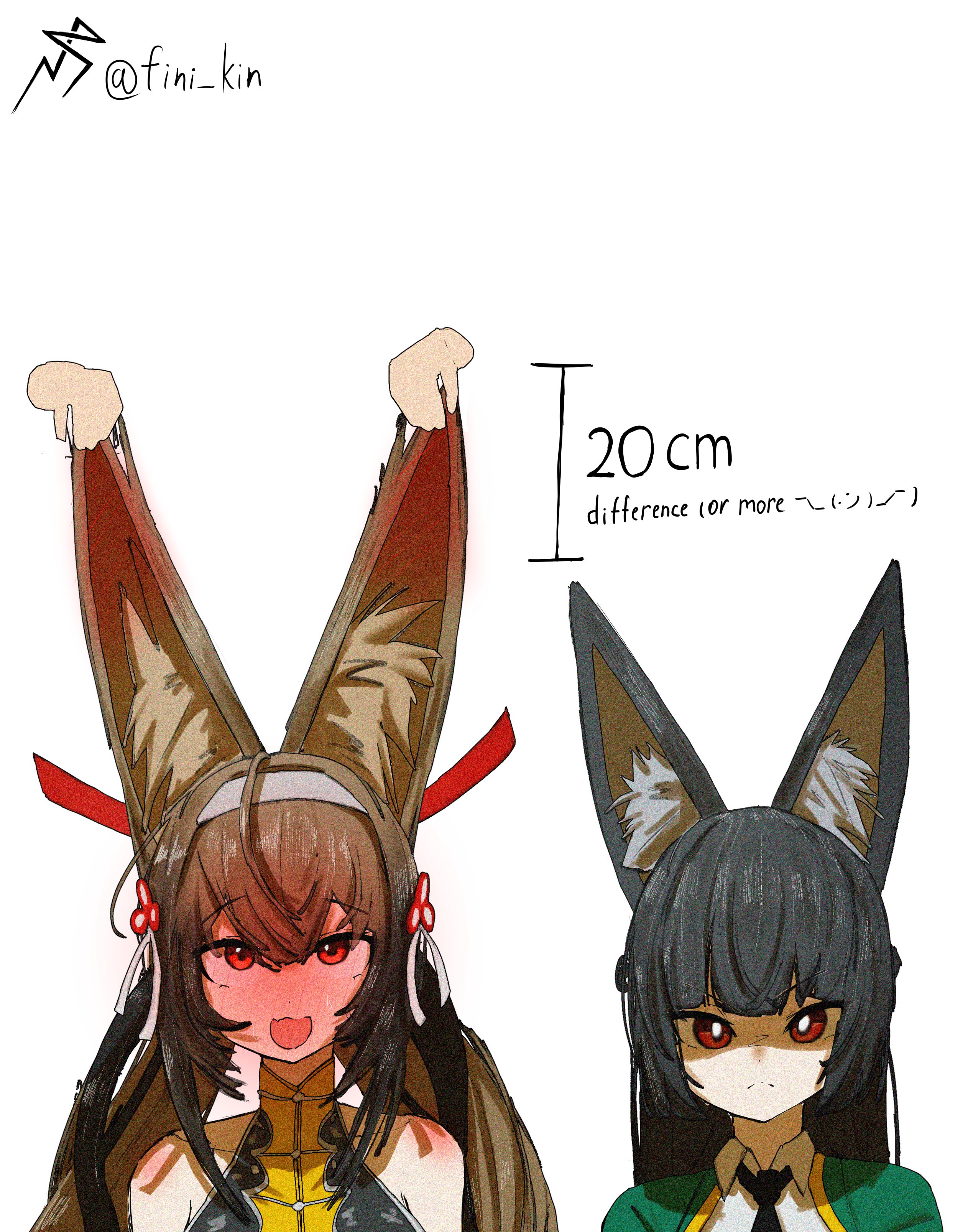 hoshimi miyabi, ye shunguang, zenless zone zero, absurdres, commentary, english commentary, highres, 2girls, animal ear fluff, animal ears, bare shoulders, black hair, black necktie, blush, brown hair, china dress, chinese clothes, closed mouth, clover, clover hair ornament, comically large ears, comparison, dress, ear blush, english text, fini kin, fox ears, fox girl, grabbing another's ear, green jacket, hair between eyes, hair ornament, hairband, hand on another's ear, jacket, long hair, looking at viewer, looking up, multiple girls, necktie, open mouth, red eyes, shirt, staring, twintails, twitter username, upper body, very long hair, white background, white hairband, white shirt