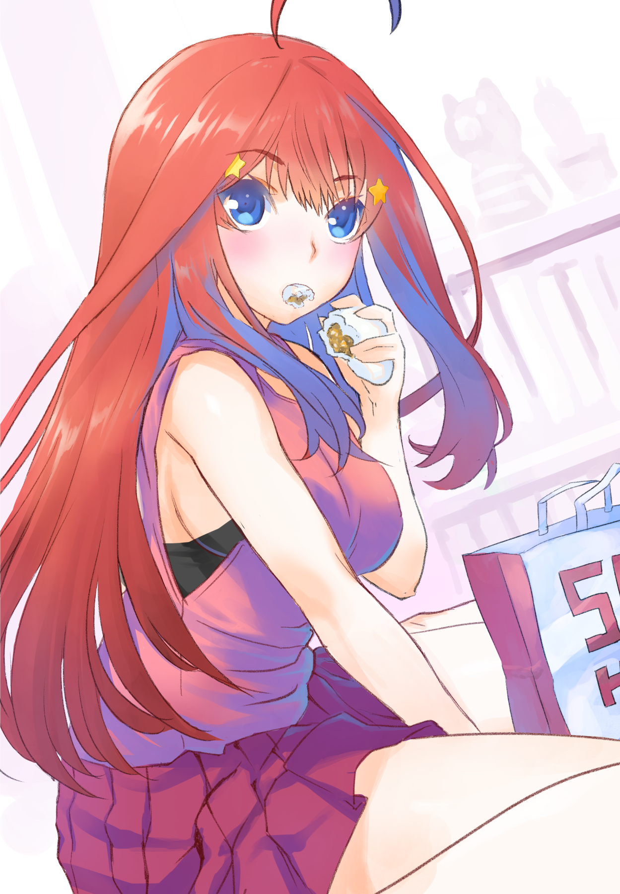 hirokiku, nakano itsuki, go-toubun no hanayome, highres, 1girl, ahoge, alternate costume, bag, black bra, blue eyes, blush, bra, bra peek, breasts, eating, food, from side, hair ornament, holding, holding food, long hair, looking at viewer, medium breasts, pink shirt, pleated skirt, red hair, red skirt, shirt, shopping bag, sitting, skirt, sleeveless, sleeveless shirt, solo, star (symbol), star hair ornament, steamed bun, underwear, wariza