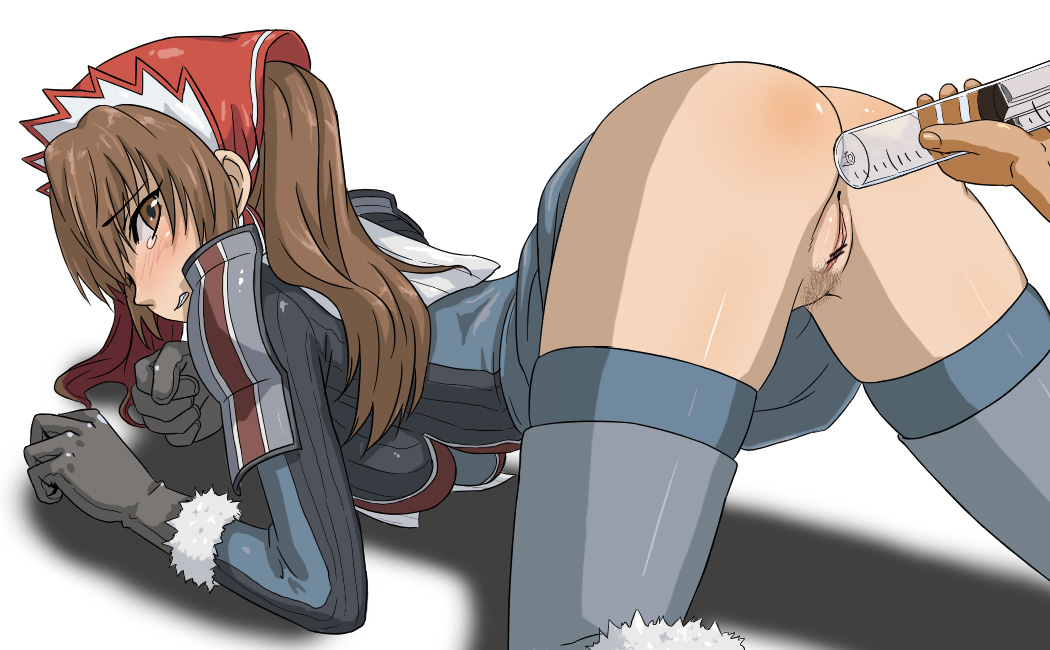 hou (hachiyou), alicia melchiott, senjou no valkyria, senjou no valkyria (series), senjou no valkyria 1, bad id, bad pixiv id, 00s, 1girl, all fours, anal, ass, blush, brown eyes, brown hair, censored, clenched teeth, enema, gloves, headdress, hetero, long hair, looking back, military, military uniform, no panties, pointless censoring, pubic hair, pussy, simple background, solo focus, tears, teeth, thighhighs, top-down bottom-up, twintails