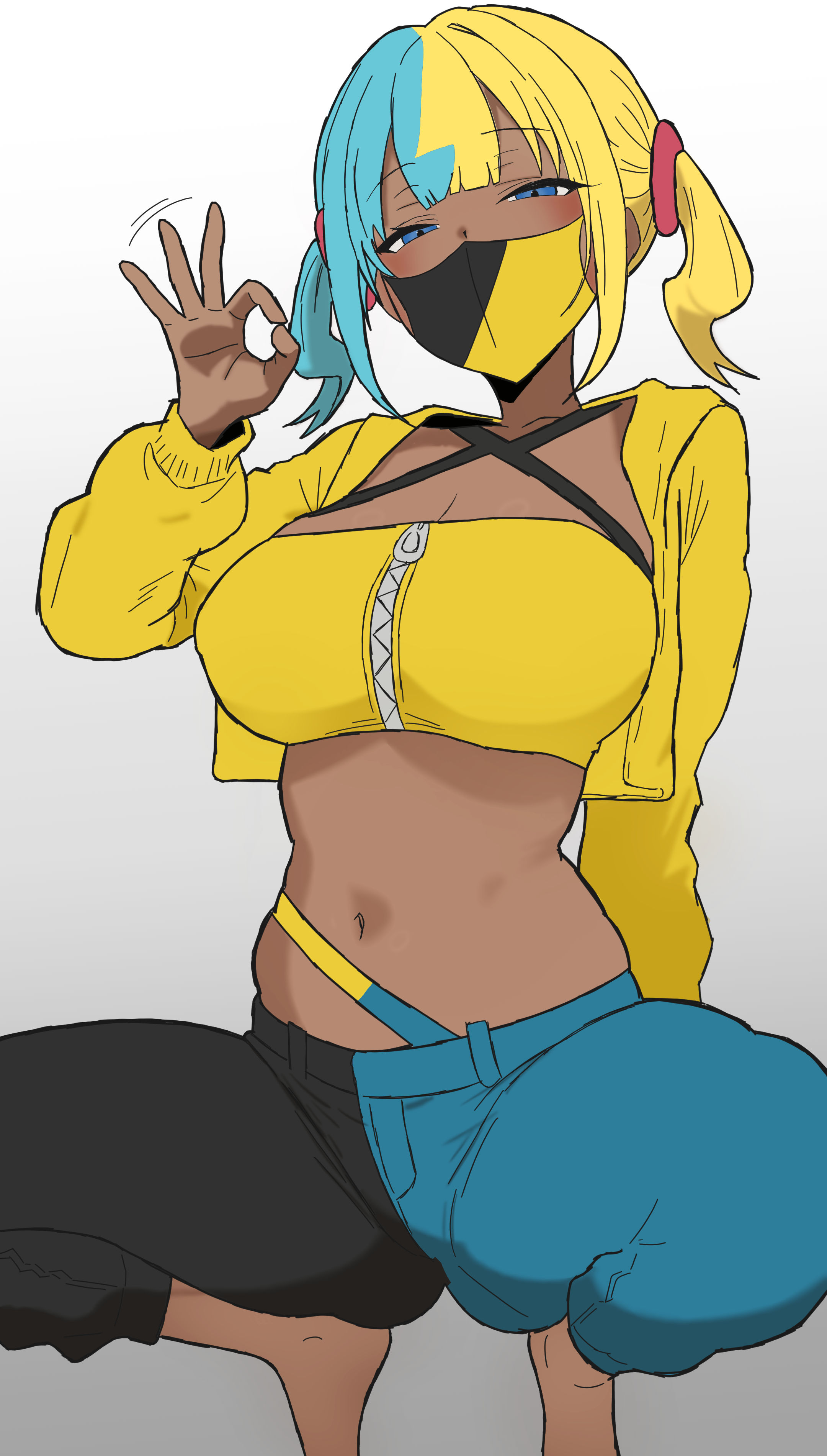 canari (pokemon), nintendo, pokemon, pokemon legends: z-a, absurdres, highres, 1girl, barefoot, blonde hair, blue eyes, blue hair, breasts, cleavage, crop top, cropped jacket, dark-skinned female, dark skin, fellatio gesture, grey background, hand up, jacket, large breasts, looking at viewer, mask, midriff, mouth mask, multicolored hair, nakaonya, navel, ok sign, pants, short twintails, solo, split-color hair, squatting, stomach, twintails, two-tone hair, two-tone pants, yellow jacket, zipper pull tab