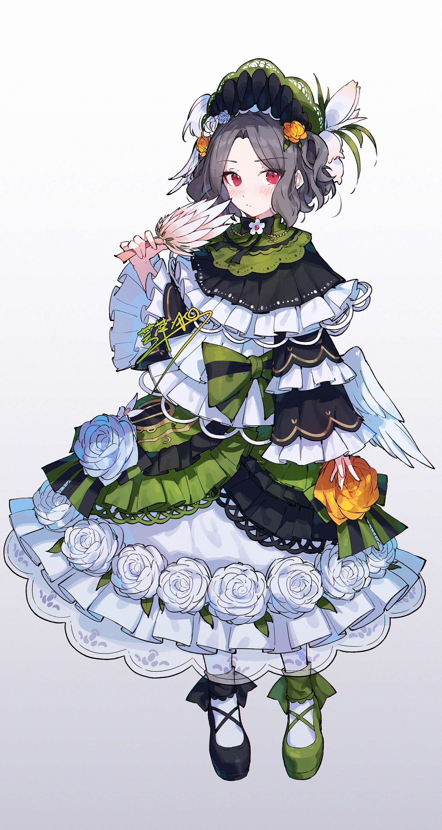 yun cao bing, ebizuka tomo, tono hanna, girls band cry, mahou shoujo no majo saiban, absurdres, chinese commentary, commentary request, highres, 1girl, asymmetrical footwear, black shoes, blush, closed mouth, cosplay, dress, flower, frilled dress, frills, full body, green shoes, grey hair, hand fan, heart, holding, holding fan, layered dress, looking at viewer, mismatched footwear, red eyes, rose, shoes, short hair, simple background, socks, solo, tono hanna (cosplay), white background, white dress, white flower, white rose, white socks