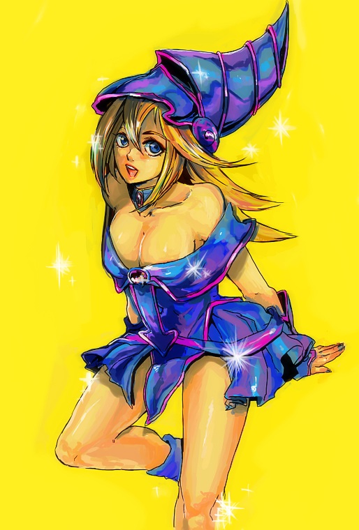 meg ru, dark magician girl, yu-gi-oh!, yu-gi-oh! duel monsters, 1girl, blonde hair, blue eyes, breasts, choker, cleavage, duel monster, female focus, large breasts, smile, solo