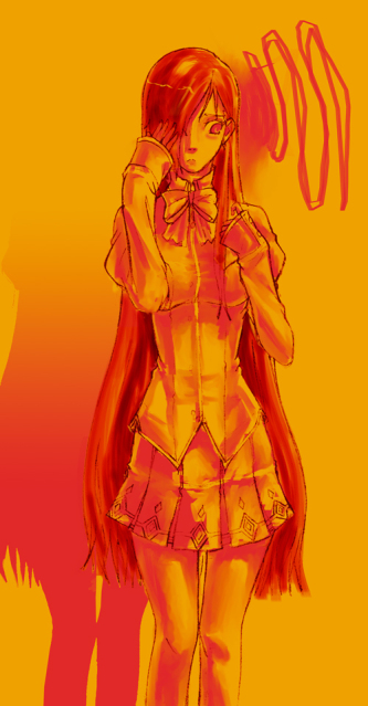 ikezawa hanako, katawa shoujo, 10s, 1girl, bow, bowtie, female focus, food, fruit, hair over one eye, hand over eye, long hair, monochrome, orange (fruit), orange theme, school uniform, shadow, skirt, solo, standing, very long hair
