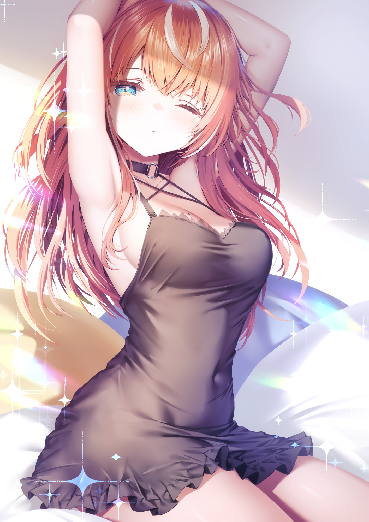 zzz (zzz00166403zzz), igarashi rika, nijisanji, highres, 1girl, armpits, arms up, black choker, black dress, blue eyes, breasts, choker, dress, long hair, looking at viewer, medium breasts, one eye closed, orange hair, red hair, short dress, sitting, sleeveless, solo, tearing up, tears, tears from one eye, white background, yawning