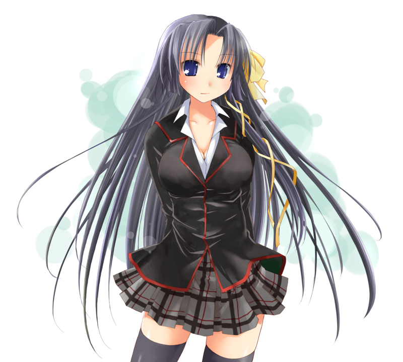 theta (ponkotsu works), kurugaya yuiko, little busters!, 1girl, black hair, black thighhighs, blouse, blue eyes, breasts, cleavage, female focus, hair ribbon, jacket, large breasts, long hair, miniskirt, plaid clothes, plaid skirt, ribbon, school uniform, shirt, skirt, solo, standing, thighhighs, very long hair, zettai ryouiki