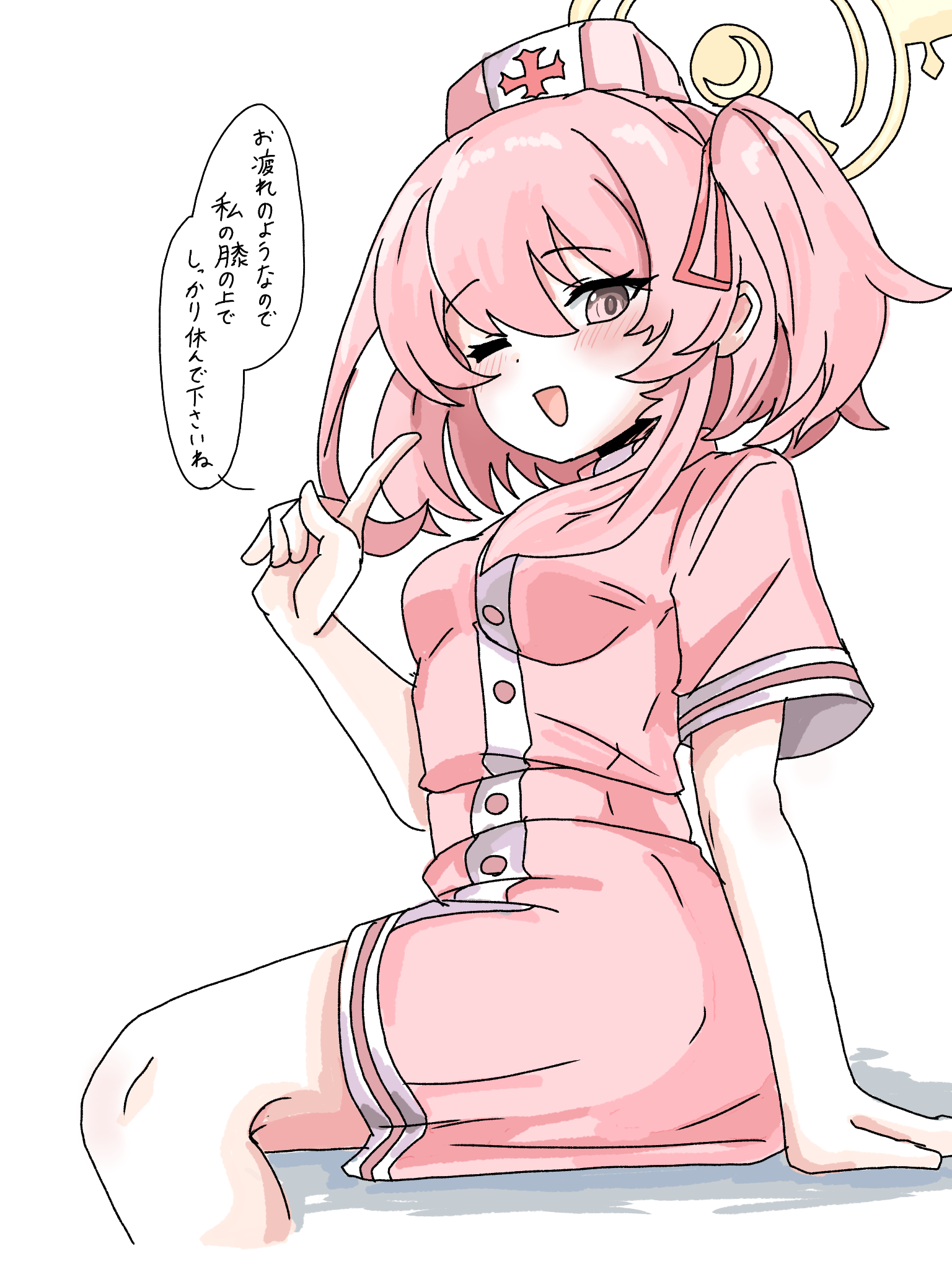 tachikaze miyako, serina (blue archive), serina (nurse) (blue archive), blue archive, commentary, highres, translated, 1girl, ;d, blush, breasts, dress, eyelashes, eyes visible through hair, feather hair, feet out of frame, from side, hair between eyes, hair ribbon, halo, hand up, hat, index finger raised, lap pillow invitation, looking at viewer, medium breasts, medium hair, nurse, nurse cap, official alternate costume, one eye closed, one side up, open mouth, pink dress, pink eyes, pink hair, red ribbon, ribbon, short dress, short sleeves, simple background, sitting, smile, solo, speech bubble, tsurime, white background, yellow halo