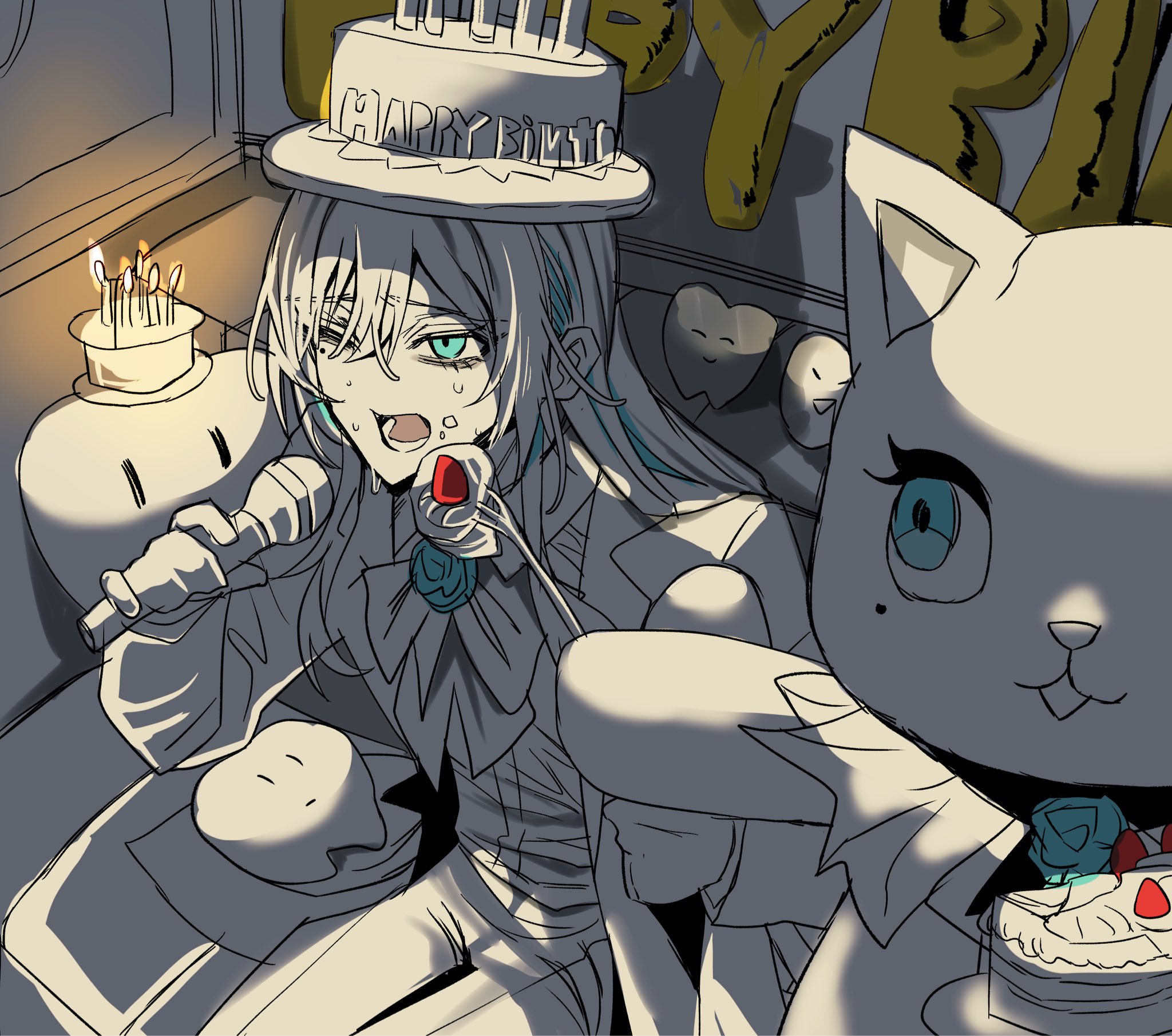 gunjyou (gunjyou 00), chando (ado), ado (utaite), sanrio, commentary, highres, symbol-only commentary, 1girl, adorozatorumary, birthday cake, blue eyes, cake, feeding, food, ha-chan (ado), hair between eyes, happy birthday, hat, holding, holding microphone, microphone, mole, mole under eye, one eye closed, open mouth, partially colored, sweat