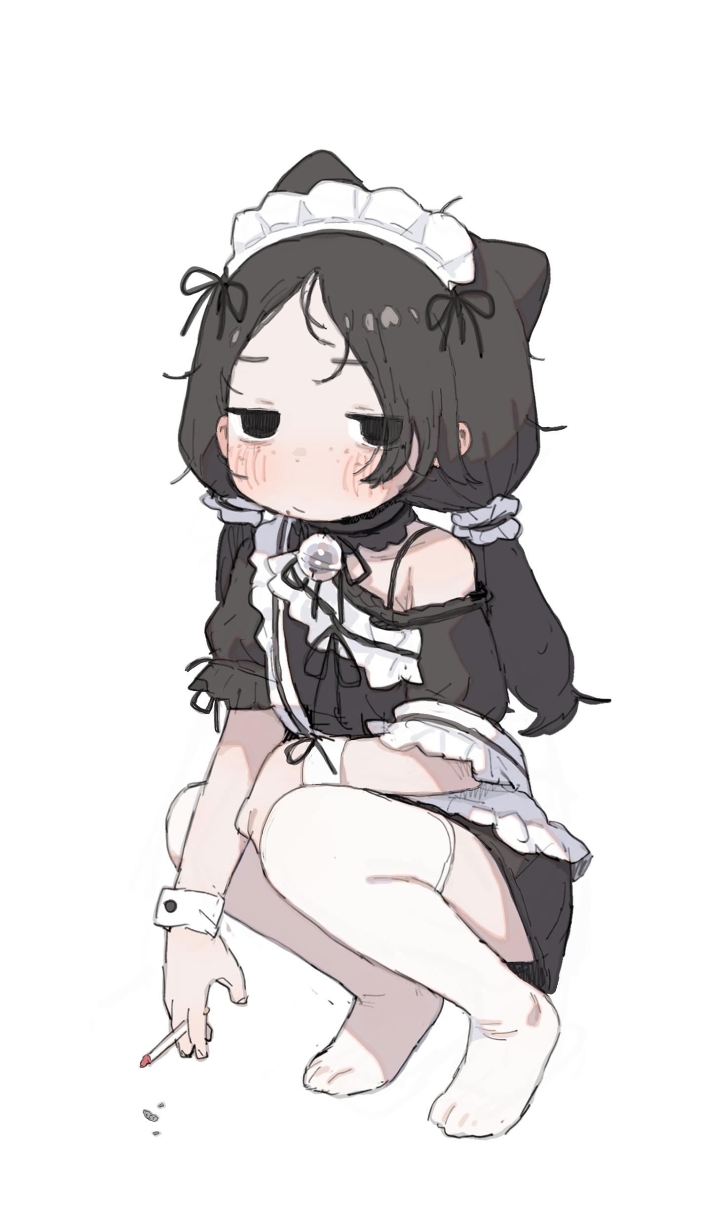 possummachine, possi (possummachine), original, absurdres, commentary, highres, 1girl, animal ears, apron, artist self-insert, bell, black eyes, black hair, cigarette, holding, holding cigarette, jingle bell, low twintails, maid, maid headdress, simple background, solo, squatting, thighhighs, twintails, white background, white thighhighs