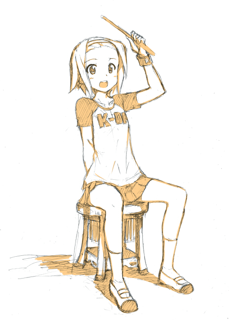 hamao, tainaka ritsu, k-on!, 00s, 1girl, arm up, drumsticks, female focus, full body, monochrome, open mouth, raglan sleeves, shoes, short hair, simple background, sitting, sketch, skirt, smile, solo, stool, tomboy, uwabaki, wristband