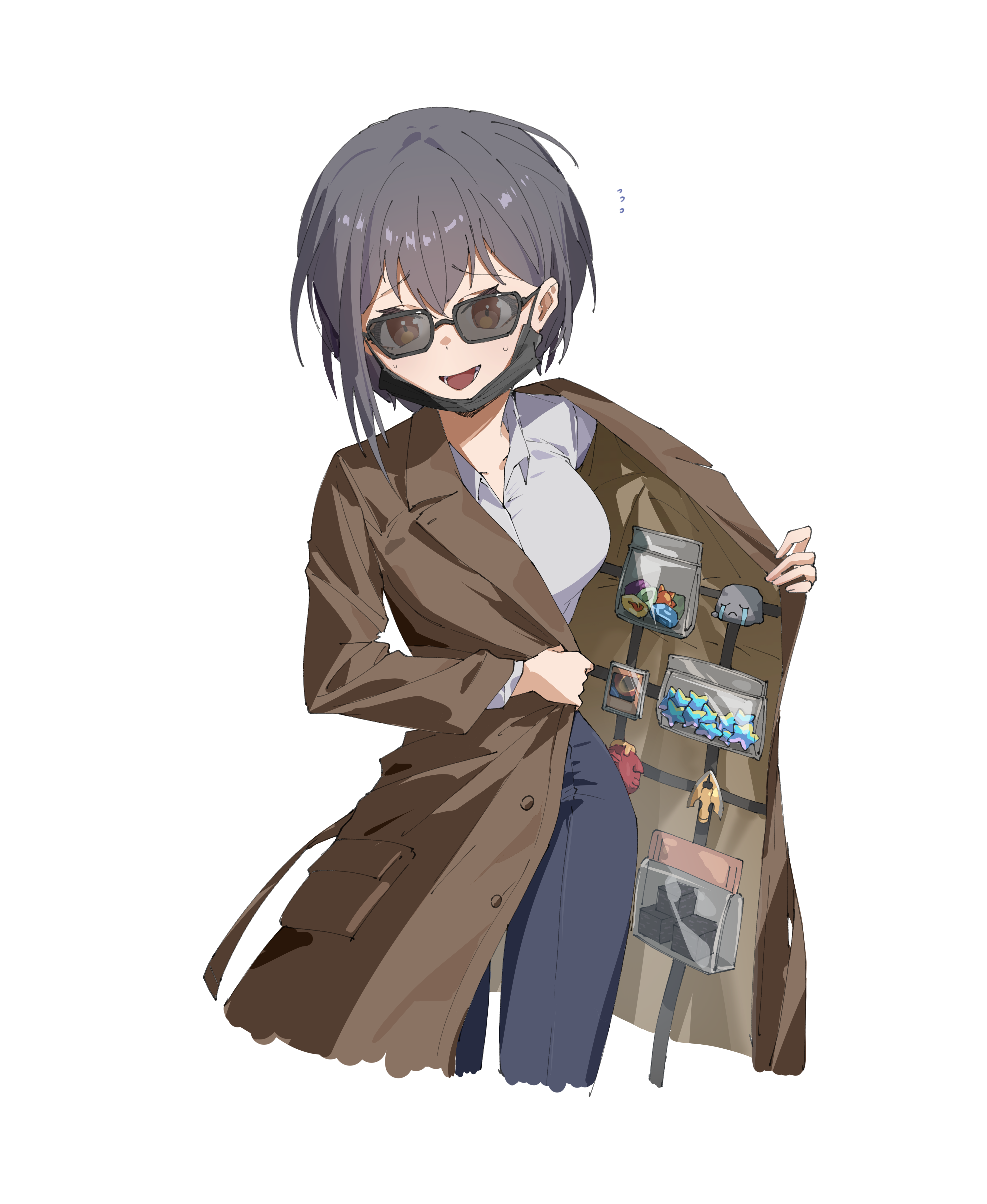 yzj21333, behelit, takamatsu tomori, bang dream!, bang dream! it's mygo!!!!!, berserk, jojo no kimyou na bouken, minecraft, nintendo, pokemon, yu-gi-oh!, absurdres, commentary, highres, 1girl, arrow (jojo), black mask, block (minecraft), blue pants, breasts, brown coat, brown eyes, candy, card, coat, coat stash, dated commentary, evolution stone, food, grey hair, konpeitou, large breasts, mask, mask pull, meme, mouth mask, open clothes, open coat, open mouth, pants, rock, shirt, short hair, simple background, solo, sunglasses, trench coat, uohhhhhhhhh! (meme), white background, white shirt