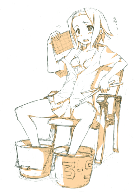 hamao, tainaka ritsu, k-on!, 00s, 1girl, bare legs, bored, bra, bucket, chair, drumsticks, female focus, hot, lingerie, monochrome, open clothes, open shirt, school uniform, shirt, short hair, sitting, sketch, soaking feet, solo, summer, tomboy, underwear, water